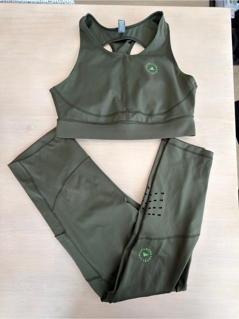 adidas Stella MCcartney Olive Performance Racerback Sports Bra & tights set